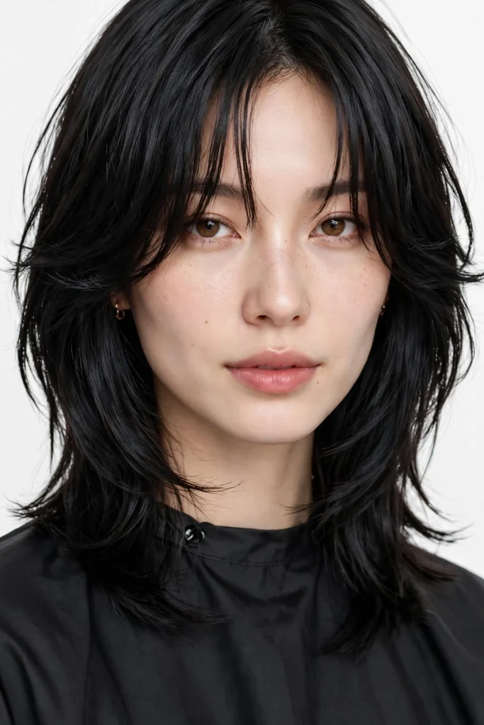 Sleek Black Medium Wolf Cut With Curtain Bangs