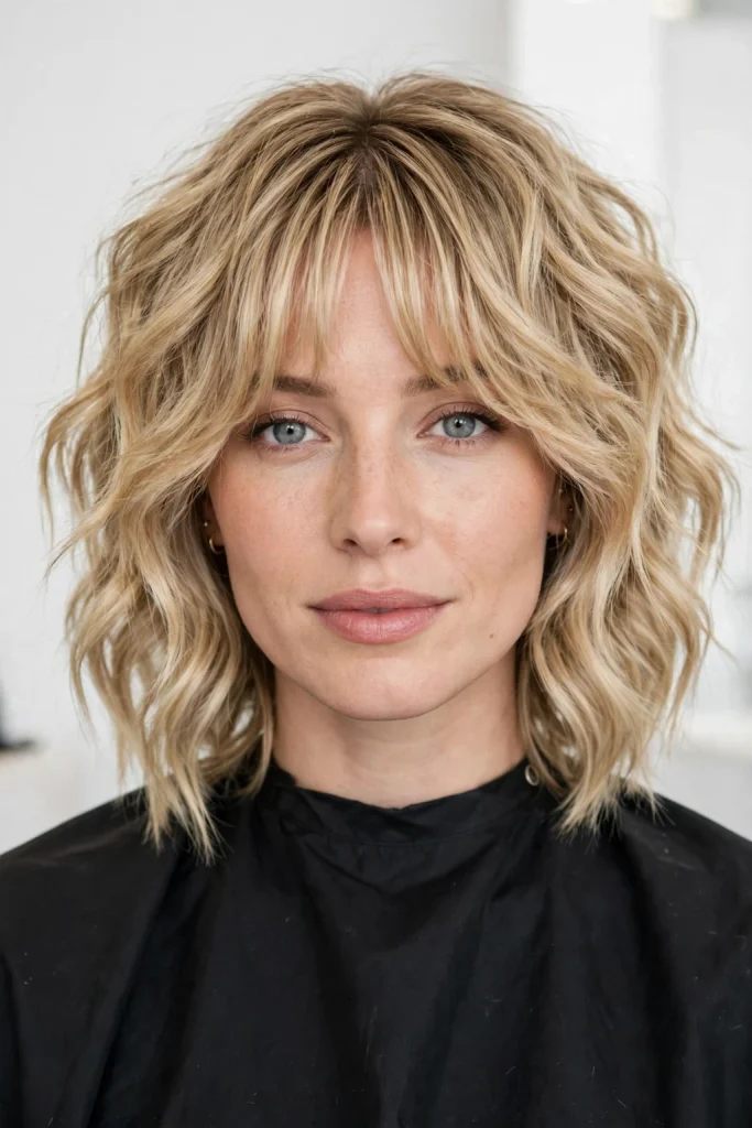 Wavy Blonde Wolf Cut With Bottleneck Curtain Bangs