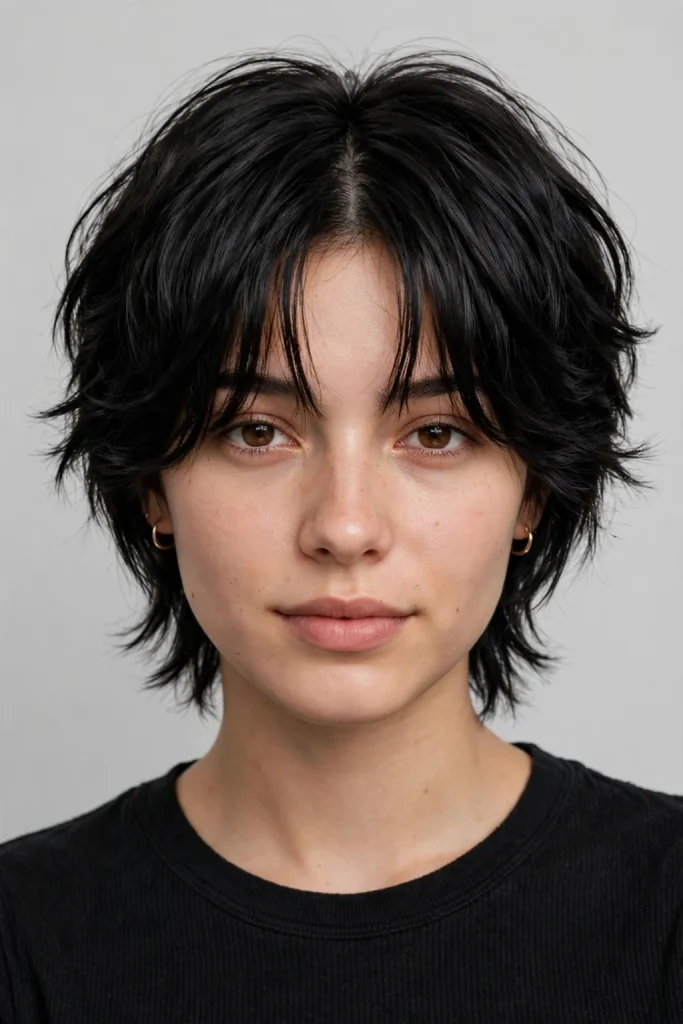 Short Shaggy Black Wolf Cut With Curtain Bangs