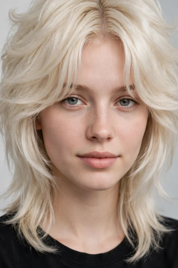 Bleached Blonde Fluffy Wolf Cut With Curtain Bangs