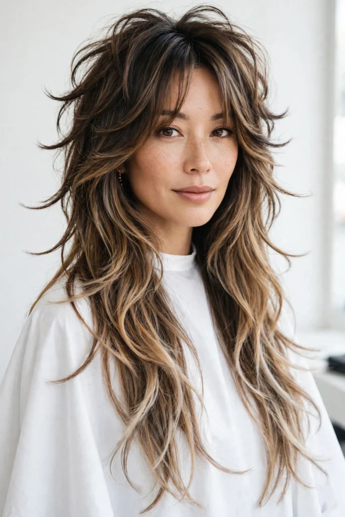 Long Balayage Octopus Wolf Cut With Curtain Bangs