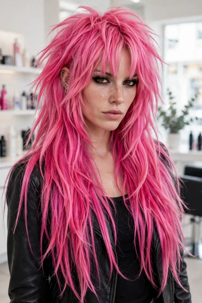 Pink Long Shaggy Wolf Cut With Curtain Bangs