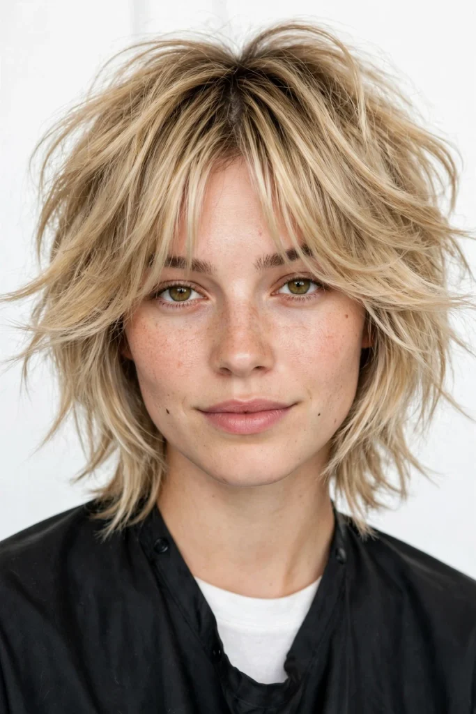 Tousled Blonde Wolf Cut With Curtain Bangs