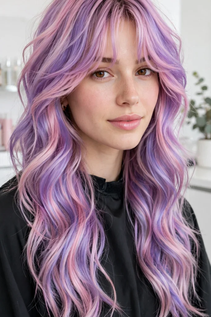 Purple-Pink Wavy Wolf Cut With Curtain Bangs