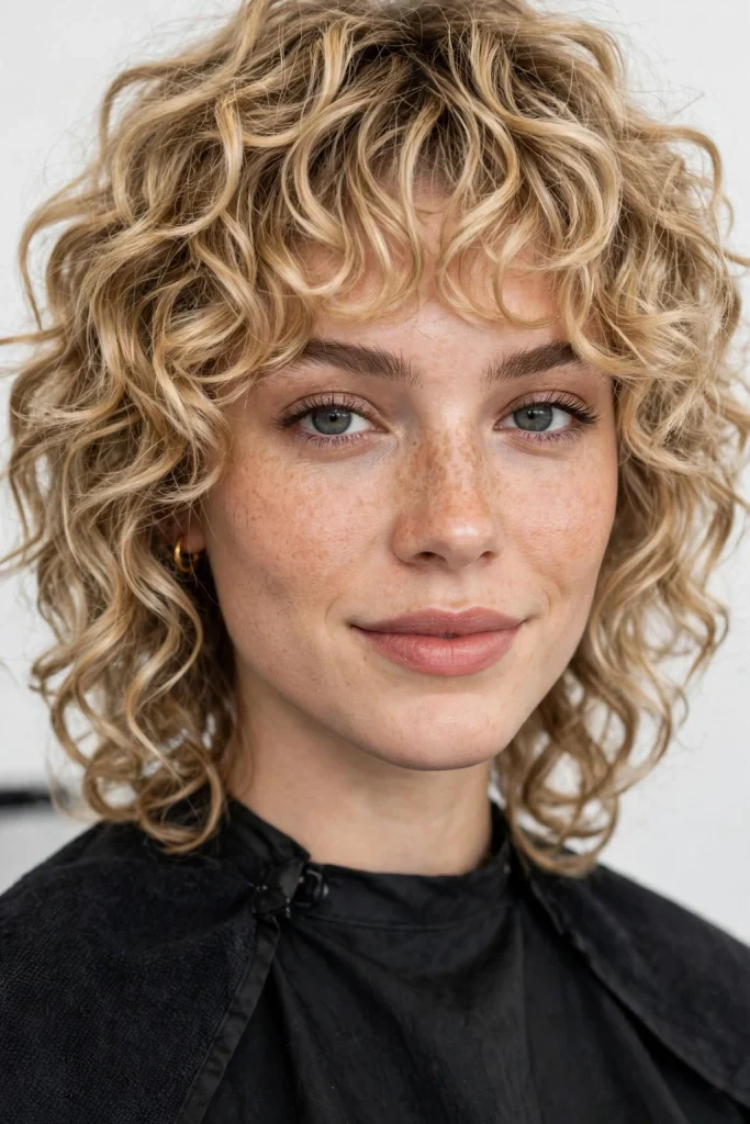 Curly Blonde Wolf Cut With Curly Curtain Bangs