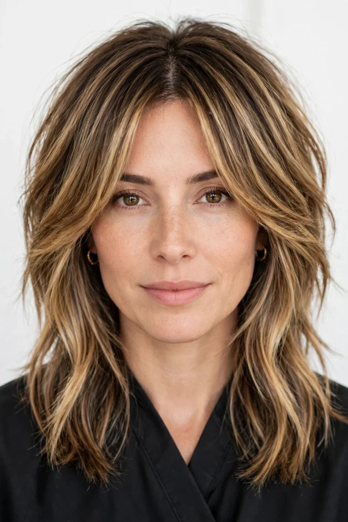 Medium Balayage Wolf Cut With Curtain Bangs