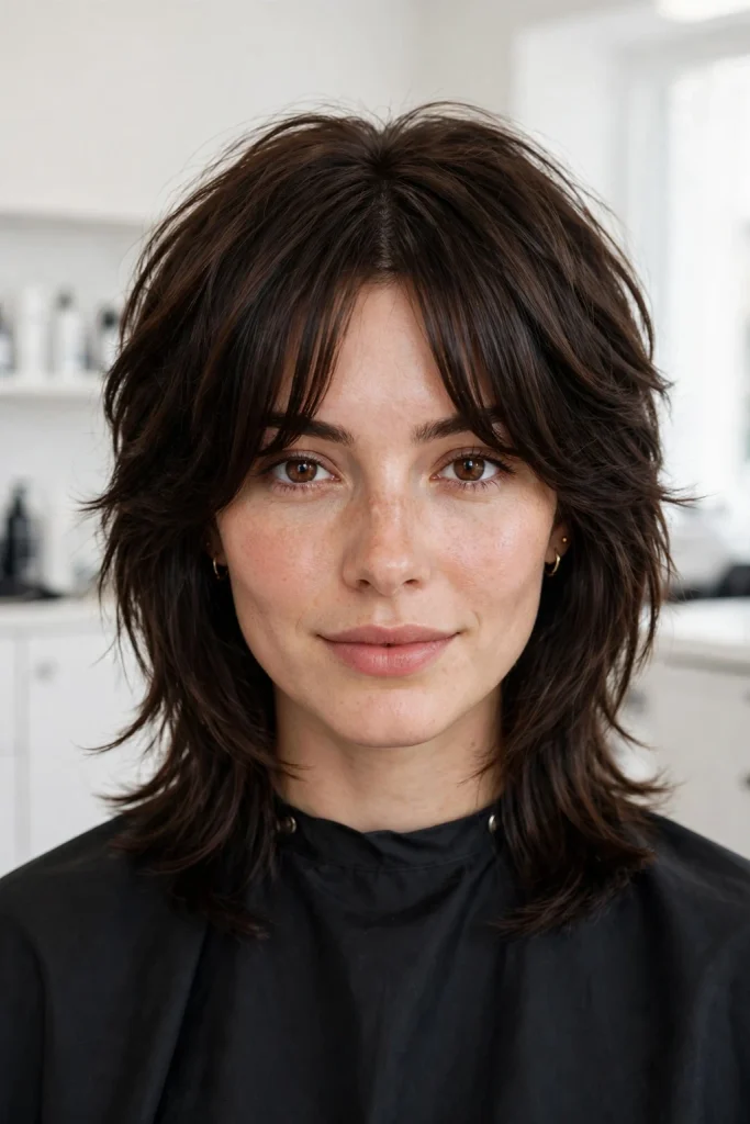 Brunette Wolf Cut With Polished Curtain Bangs