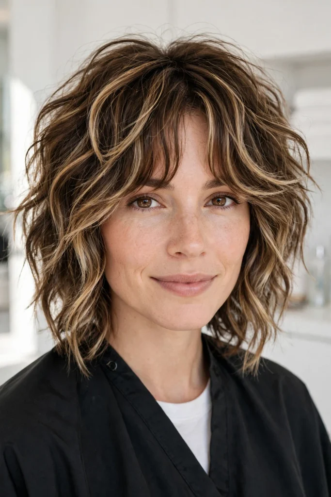 Wavy Brown Wolf Cut With Blonde Highlights and Curtain Bangs