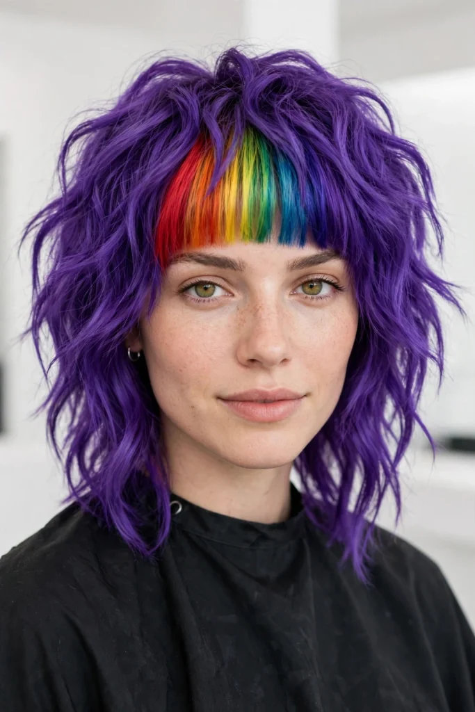 Rainbow Bangs on a Purple Wolf Cut