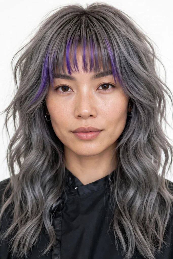 Purple Highlights on an Ash Wolf Cut