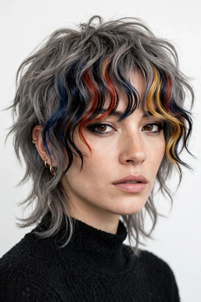 Dark Multi-Colored Wavy Curtain Bangs