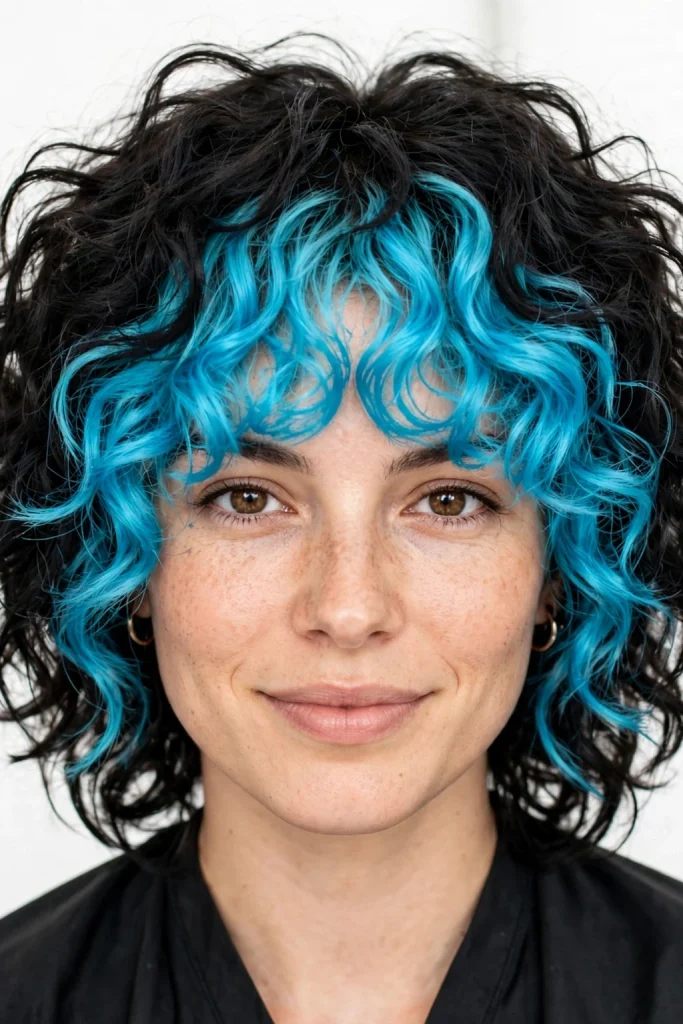 Cyan Curly Curtain Bangs