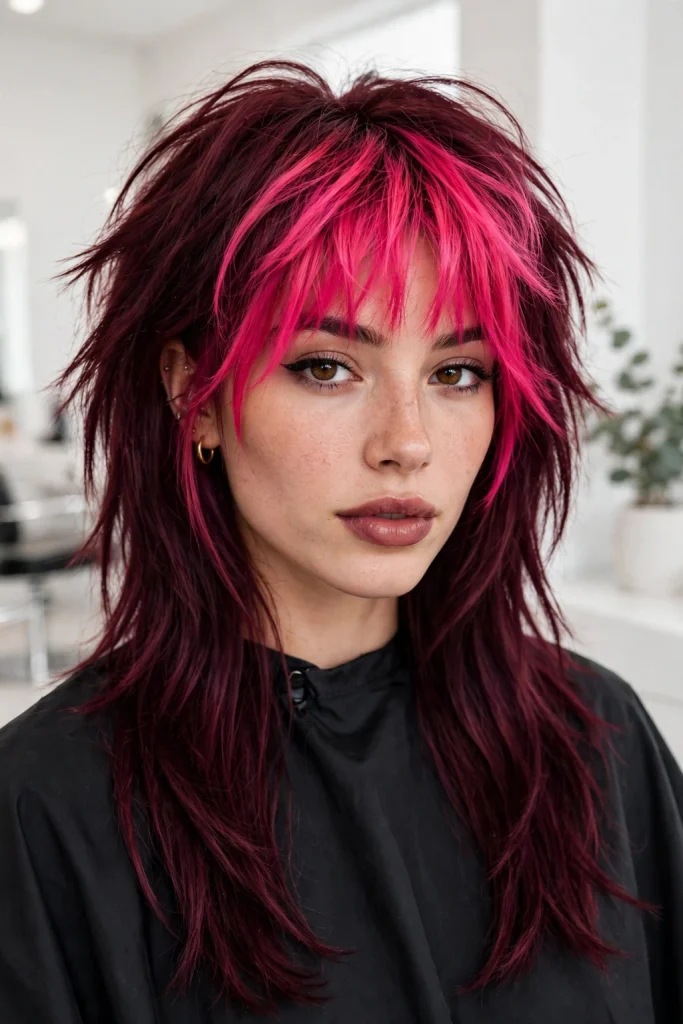 Hot Pink Messy Bangs on Burgundy