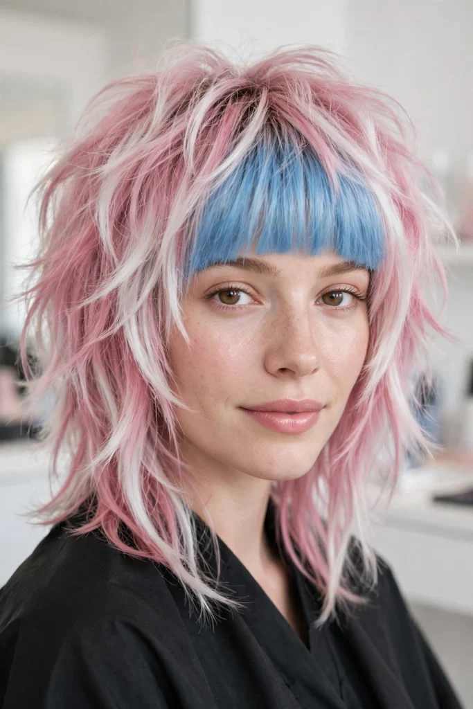 Sky Blue Blunt Bangs on Rose-Toned Hair