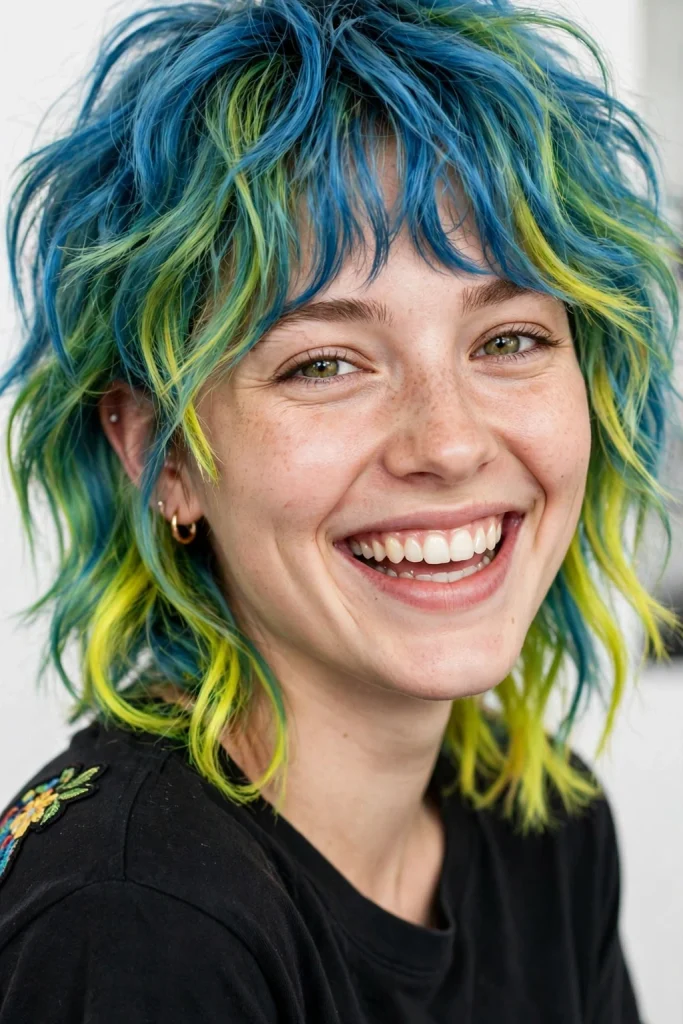 Ocean Blue, Green, and Yellow Messy Bangs