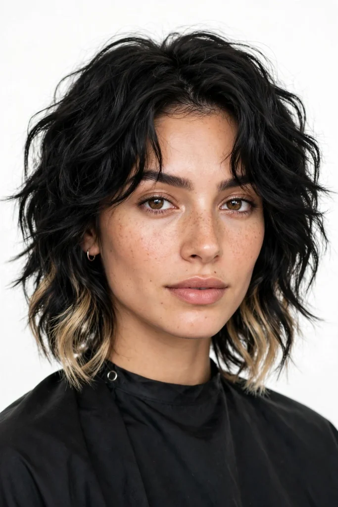 Wolf Cut Without Bangs: 15 Chic Ideas to Try 3 Black Wavy Wolf Cut With Blonde Lower-Layer Highlights