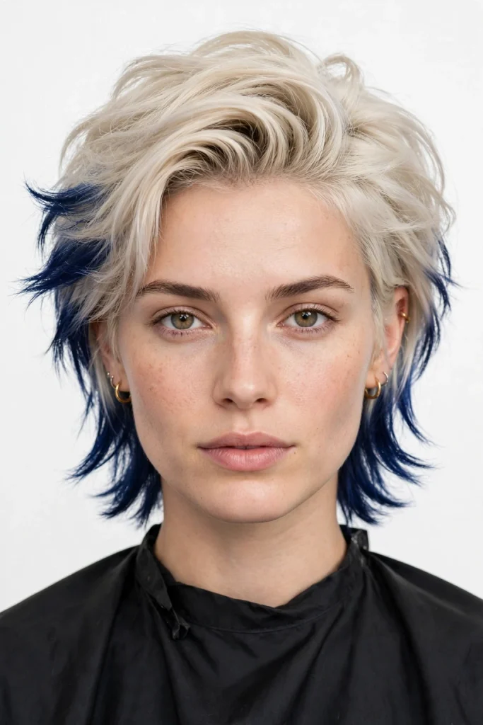 Wolf Cut Without Bangs: 15 Chic Ideas to Try 11 Ice Blonde Wolf Cut With Navy Blue Chunks