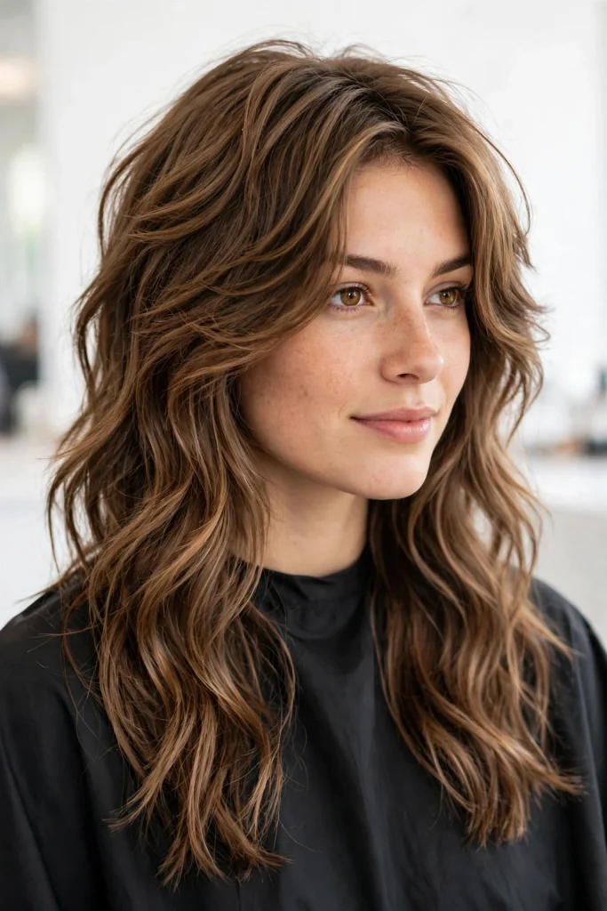 Wolf Cut Without Bangs: 15 Chic Ideas to Try 12 Long Brunette Wavy Wolf Cut