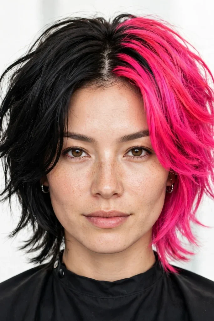 Wolf Cut Without Bangs: 15 Chic Ideas to Try 13 Neon Pink and Black Duo-Toned Wolf Cut