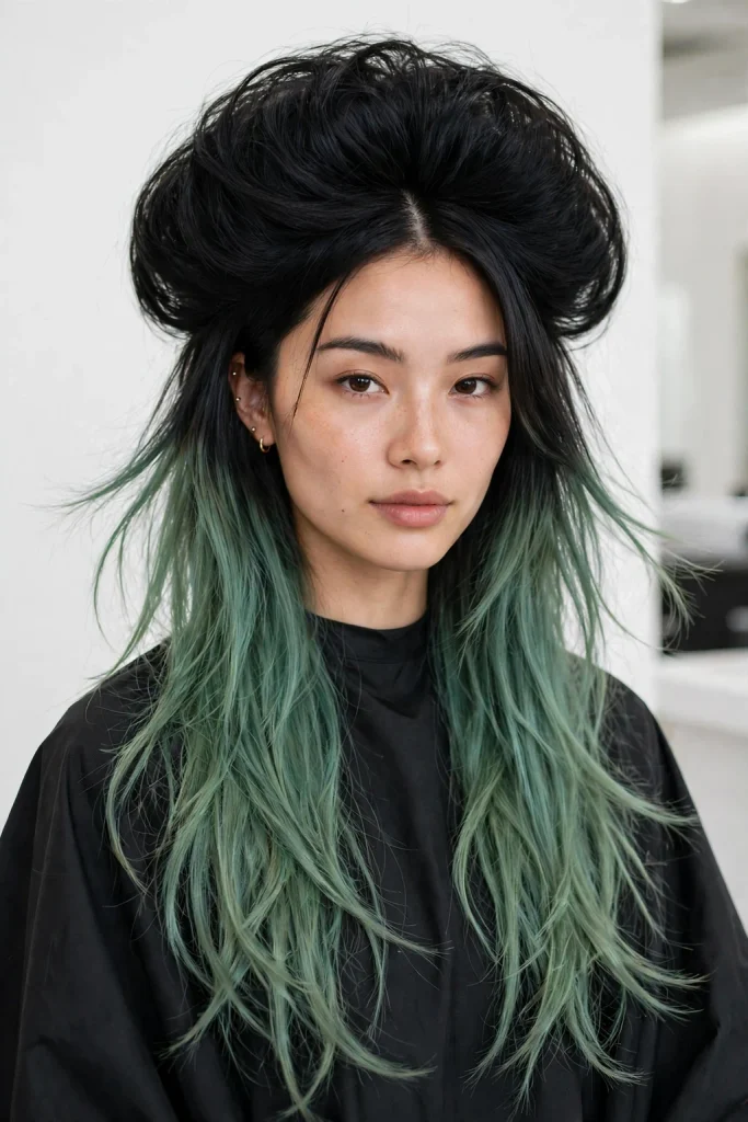 Wolf Cut Without Bangs: 15 Chic Ideas to Try 15 Tea Green and Black Jellyfish Wolf Cut
