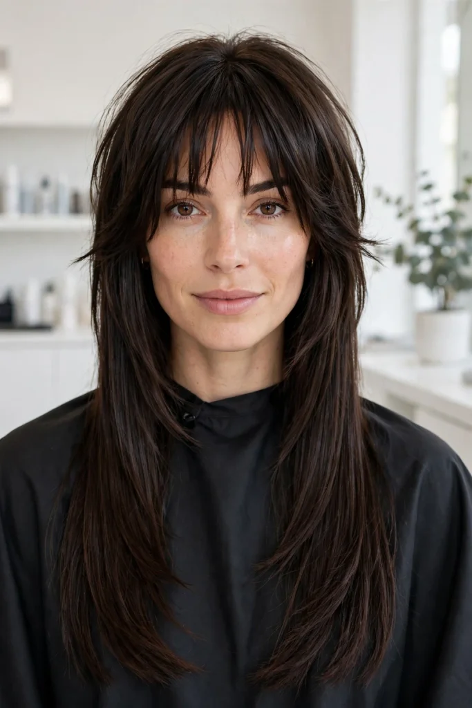 Dark Brown Straight Wolf Cut With Choppy Bangs