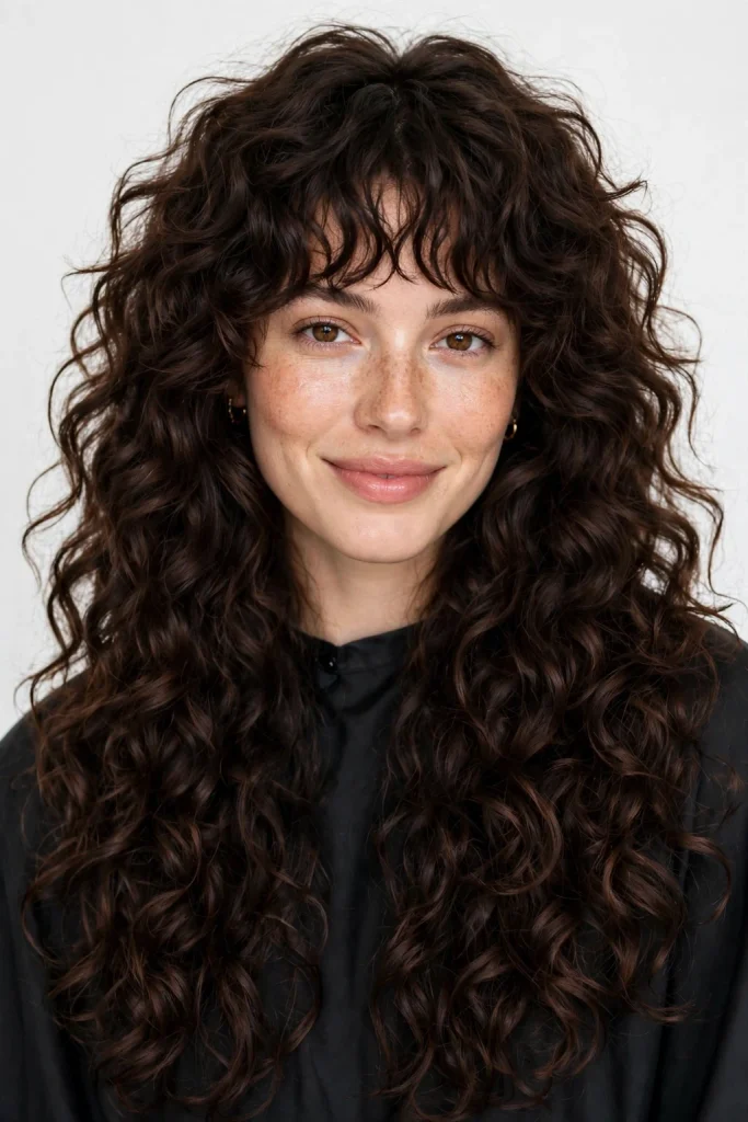 Curly Coffee Brown Wolf Cut With Micro Bangs