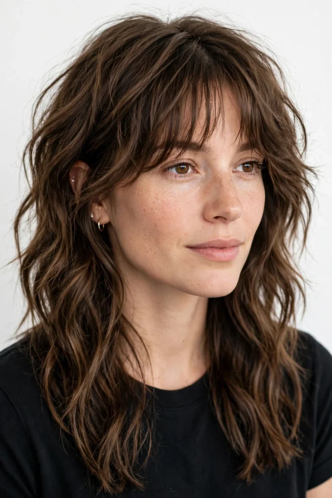 Brown Wavy Wolf Cut With Wispy Bangs