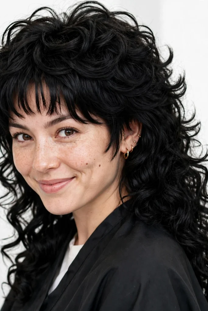 Curly Black Mullet Wolf Cut With Micro Bangs
