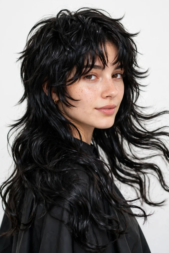 Black Wavy Mullet Wolf Cut