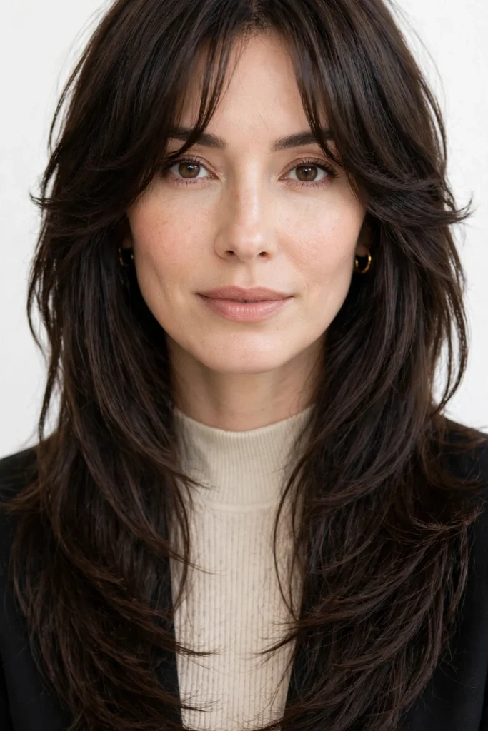 Dark Brown Wolf Cut With Classic Bangs
