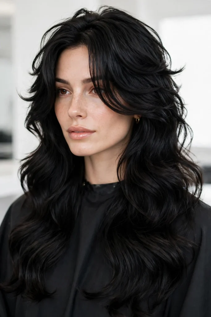 Black Wavy Wolf Cut With Extended Bangs