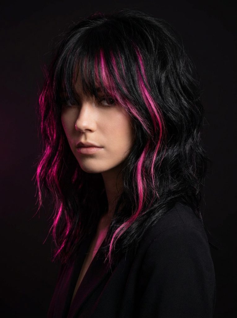 Black Wavy Wolf Cut With Neon Pink Highlights