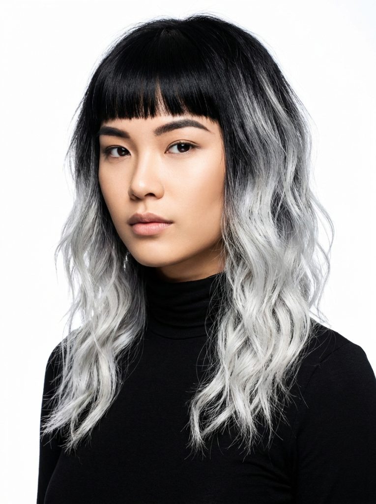 Black and White Ombre Wavy Wolf Cut With Straight Bangs