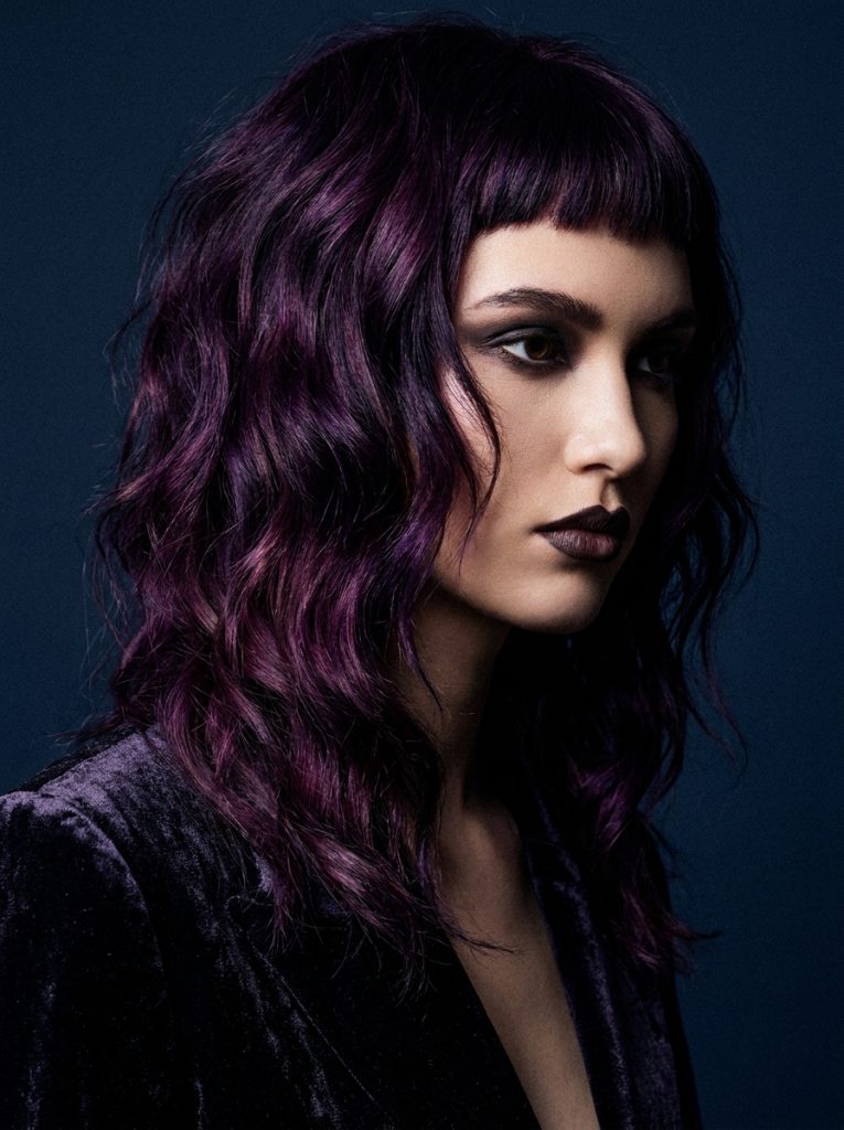 Dark Purple Wavy Wolf Cut With Micro Bangs