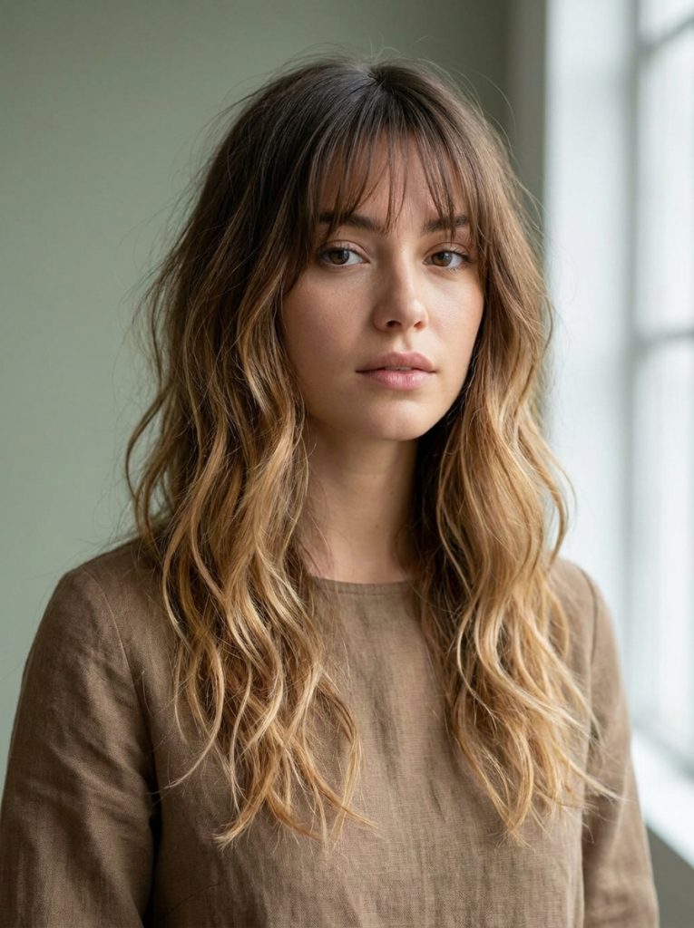Long Balayage Wavy Wolf Cut With See-Through Bangs