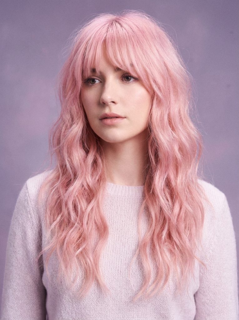 Long Light Pink Wavy Wolf Cut With Extended Bangs