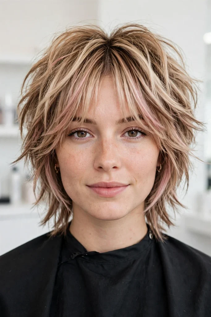 Curtain Bangs With Pink and Brown Accents
