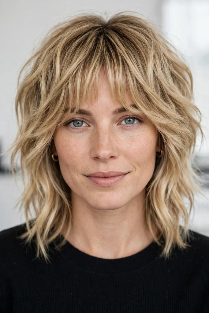 Wavy Bottleneck Bangs on Medium Hair