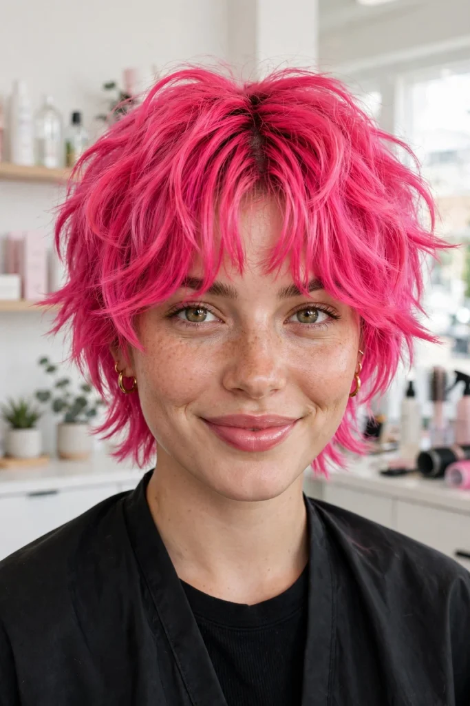 Short Wolf Cut With Curtain Bangs: 15 Chic Ideas 3 Hot Pink Short Shag Wolf Cut With Curtain Bangs
