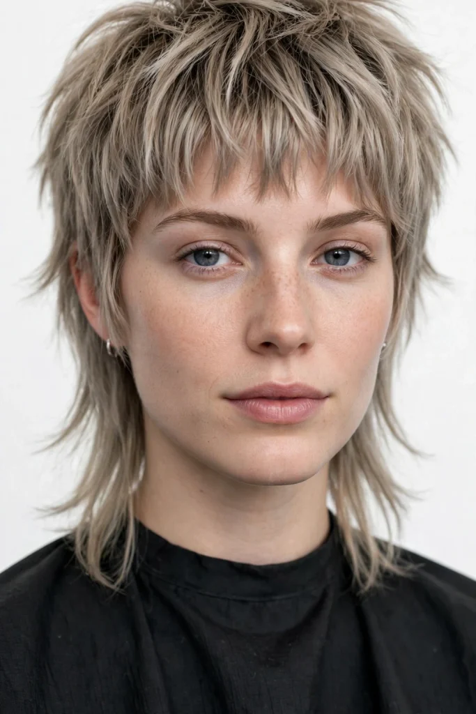 Short Wolf Cut With Curtain Bangs: 15 Chic Ideas 4 Dull Blonde Mullet Wolf Cut With Choppy Curtain Bangs