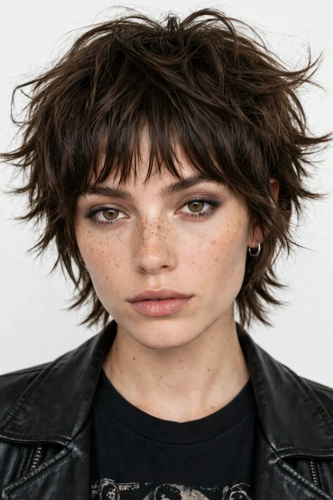 Short Wolf Cut With Curtain Bangs: 15 Chic Ideas 5 Tousled Brunette Pixie Wolf Cut With Choppy Curtain Bangs