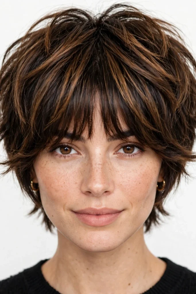 Short Wolf Cut With Curtain Bangs: 15 Chic Ideas 6 Caramel and Dark Brown Pixie Wolf Cut With Dense Curtain Bangs
