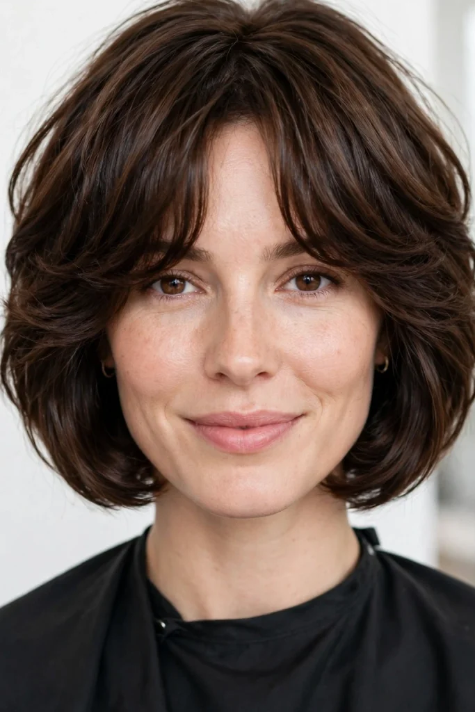 Short Wolf Cut With Curtain Bangs: 15 Chic Ideas 7 Syrup Brown Bob Wolf Cut With Curtain Bangs