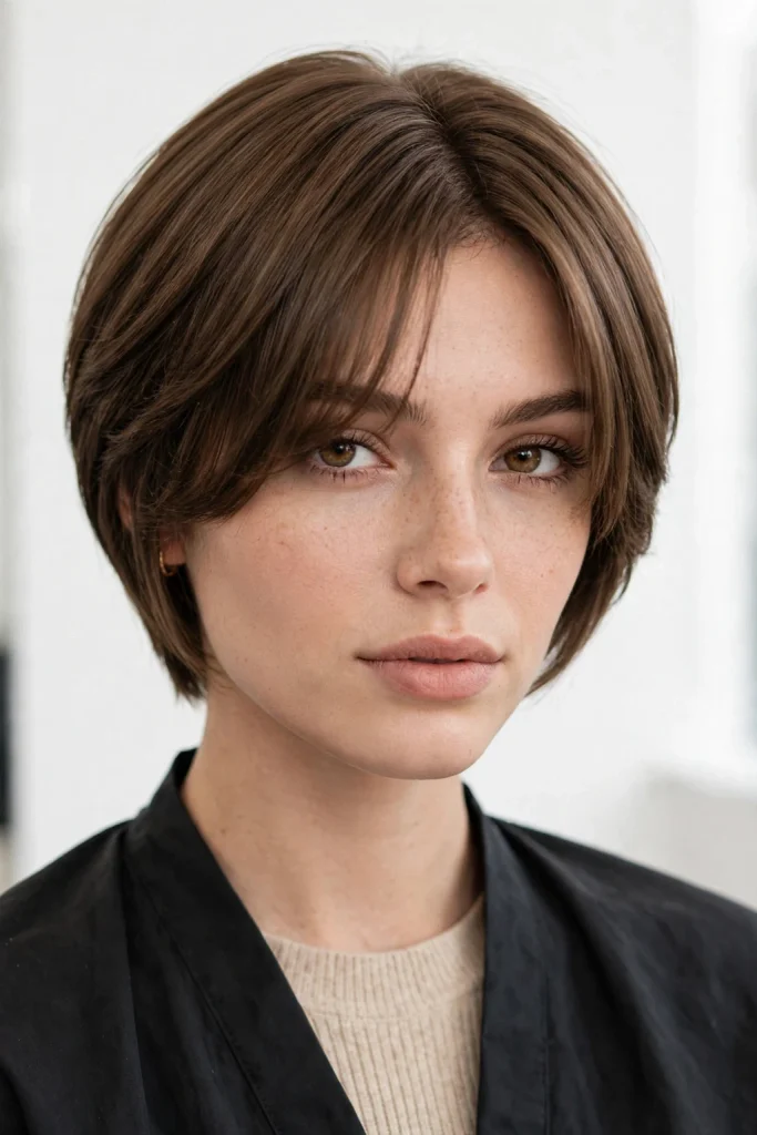 Short Wolf Cut With Curtain Bangs: 15 Chic Ideas 8 Mocha Brown Straight Wolf Cut With Face Layers and Curtain Bangs