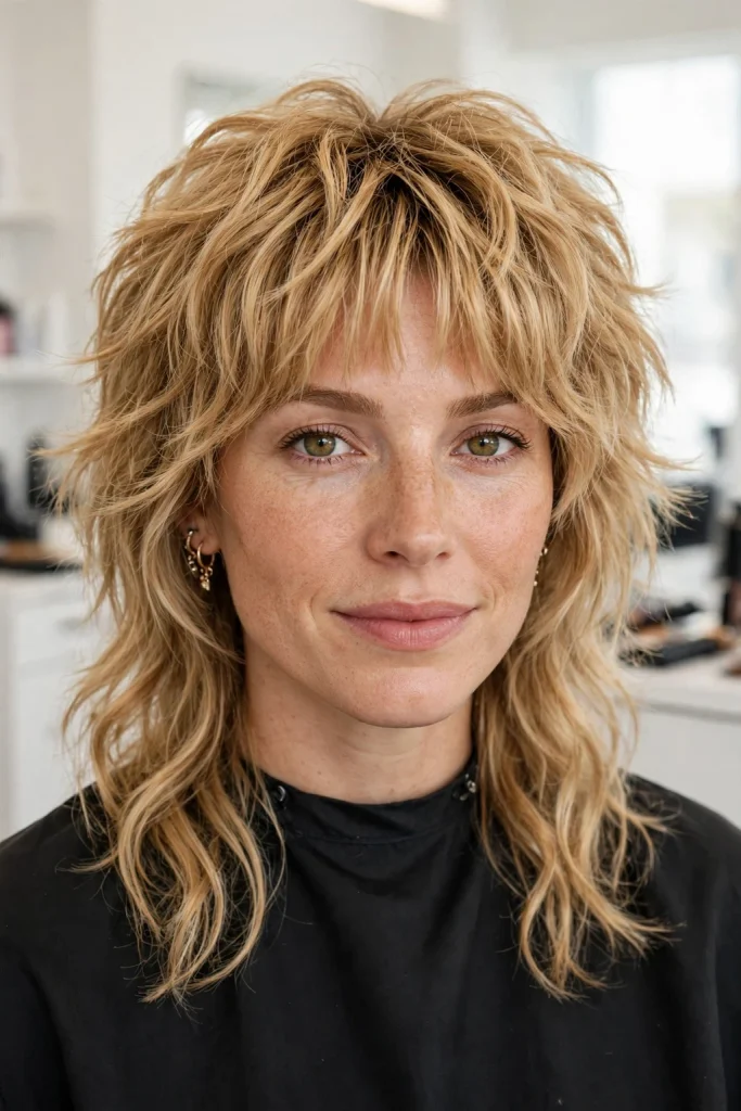 Short Wolf Cut With Curtain Bangs: 15 Chic Ideas 9 Honey Blonde Wavy Shag Mullet Wolf Cut With Choppy Curtain Bangs