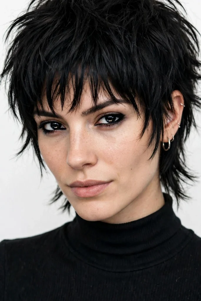 Short Wolf Cut With Curtain Bangs: 15 Chic Ideas 10 Tousled Black Short Wolf Cut With Choppy Messy Curtain Bangs