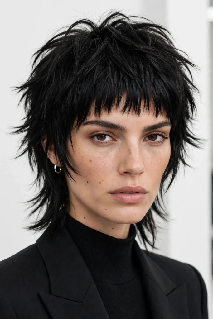 Short Wolf Cut With Curtain Bangs: 15 Chic Ideas 11 Black Layered Choppy Mullet Wolf Cut With Short Curtain Bangs