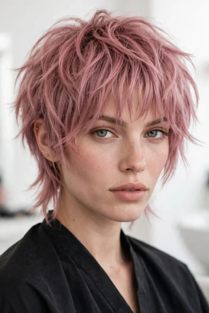 Short Wolf Cut With Curtain Bangs: 15 Chic Ideas 12 Misty Rose Pink Short Wolf Cut With Choppy Curtain Bangs