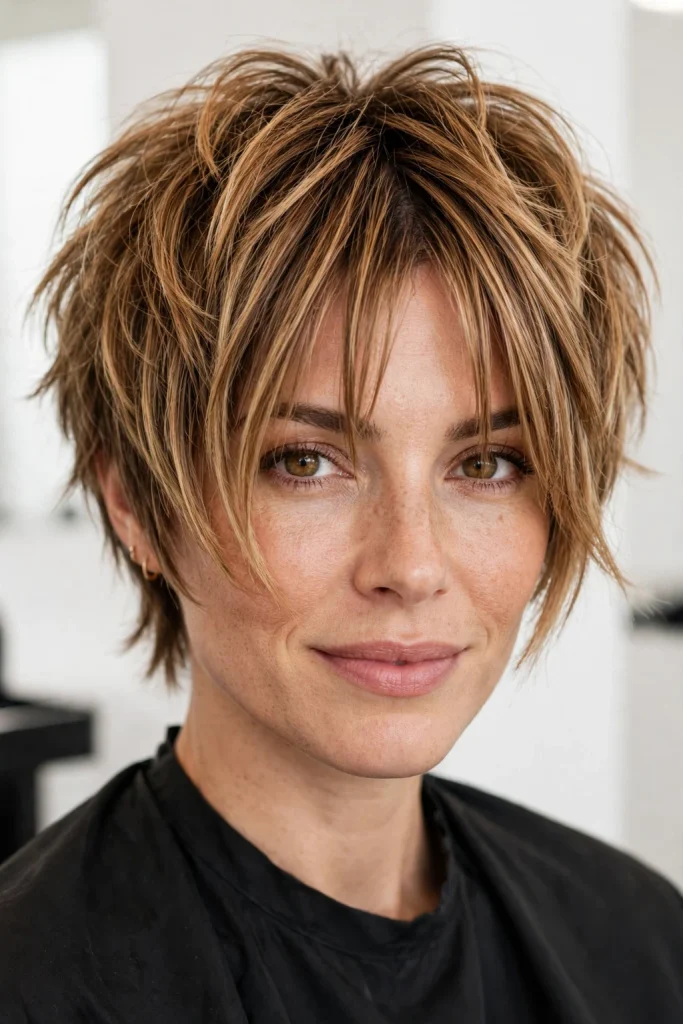 Short Wolf Cut With Curtain Bangs: 15 Chic Ideas 13 Fall Bronde Balayage Short Edgy Wolf Cut With Extended Curtain Bangs