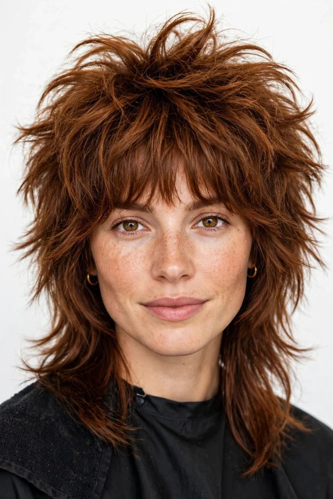 Short Wolf Cut With Curtain Bangs: 15 Chic Ideas 14 Fluffy Cinnamon Brown Shag Mullet Wolf Cut With Choppy Curtain Bangs